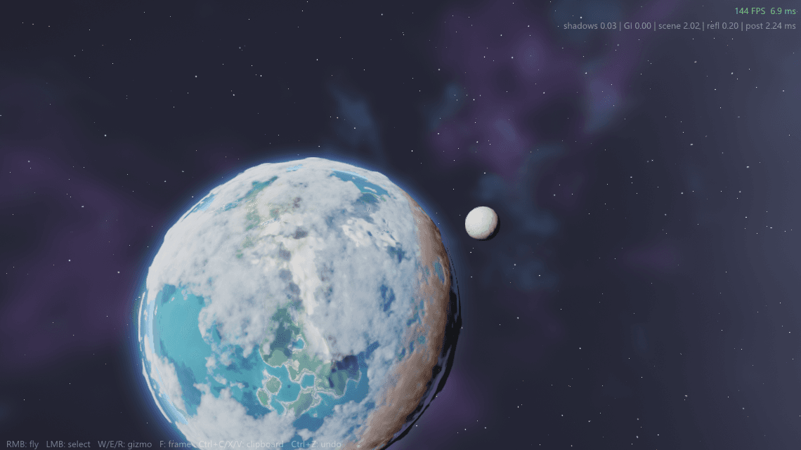 A living planet and its moon seen from orbit, rendered in real time by REACT